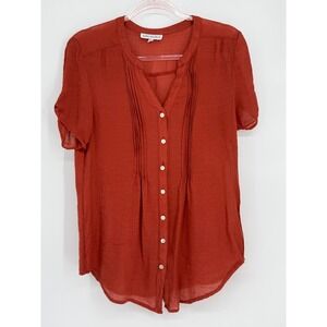 Sara Michelle Womens Rust Orange Pintuck Button Up Short Sleeve Blouse Top Sz L